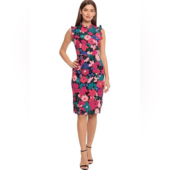 Maggy London Dresses & Skirts - Maggy London size 6 Pink Flutter Sleeve Sheath Dress Colorful Midi Summer